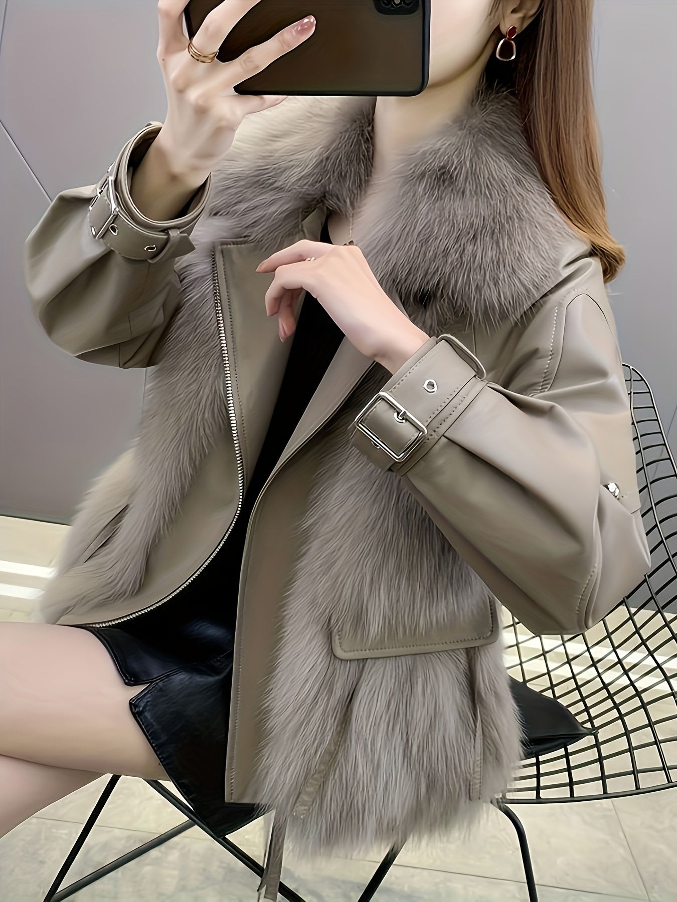 vlovelaw Fluffy Trim Solid Coat, Casual Zip Up Long Sleeve Winter Outerwear, Women's Clothing