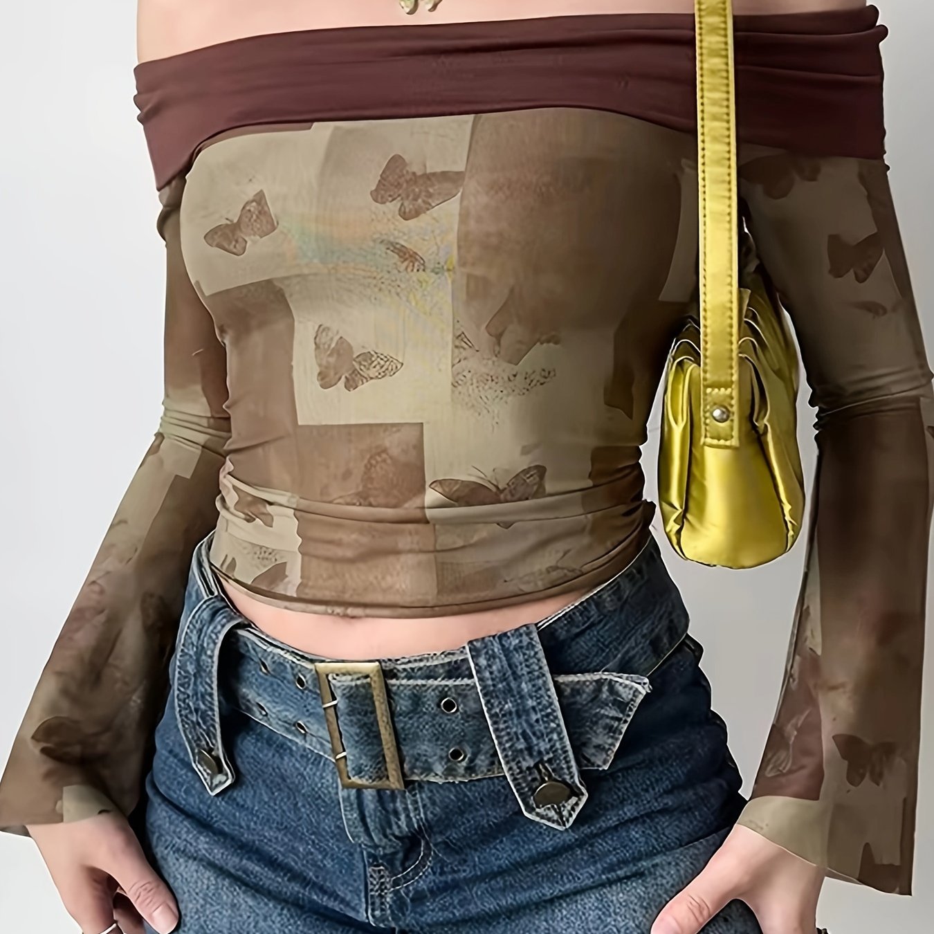 vlovelaw Butterfly Print Off Shoulder T-Shirt, Casual Long Sleeve Top For Spring & Fall, Women's Clothing