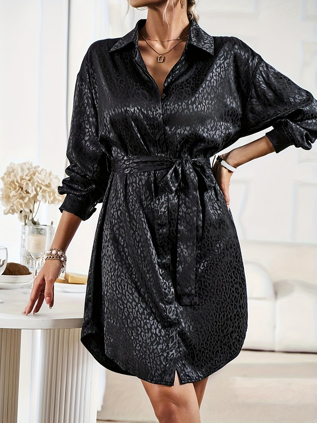 Leopard Pattern Polo Collar Belted Dress, Casual Button Front Long Sleeve Dress, Women's Clothing