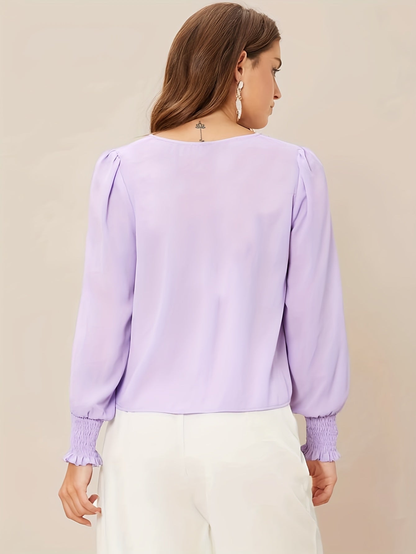 Solid Shirred Daily Wear Blouse, Elegant V Neck Long Sleeve Blouse, Women's Clothing