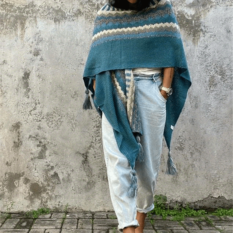 vlovelaw Bohemia Elegant Stretch Shawl Multi-color Striped Knitted Tassel Shawl Casual Warm Travel Outwear Wrap