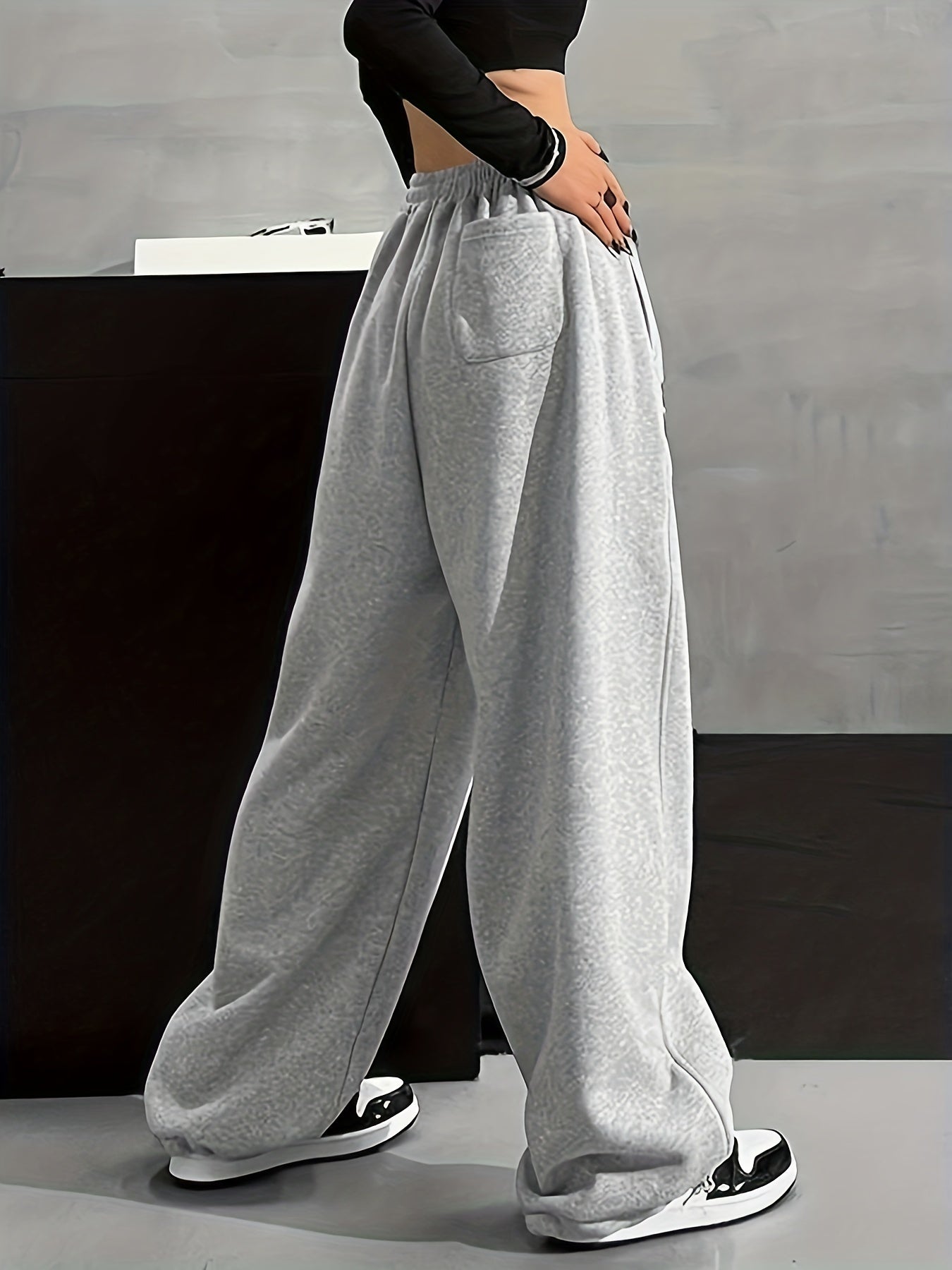 vlovelaw Solid Comfy Wide Leg Pants, Casual Elastic Waist Loose Pants With Pocket, Women's Clothing