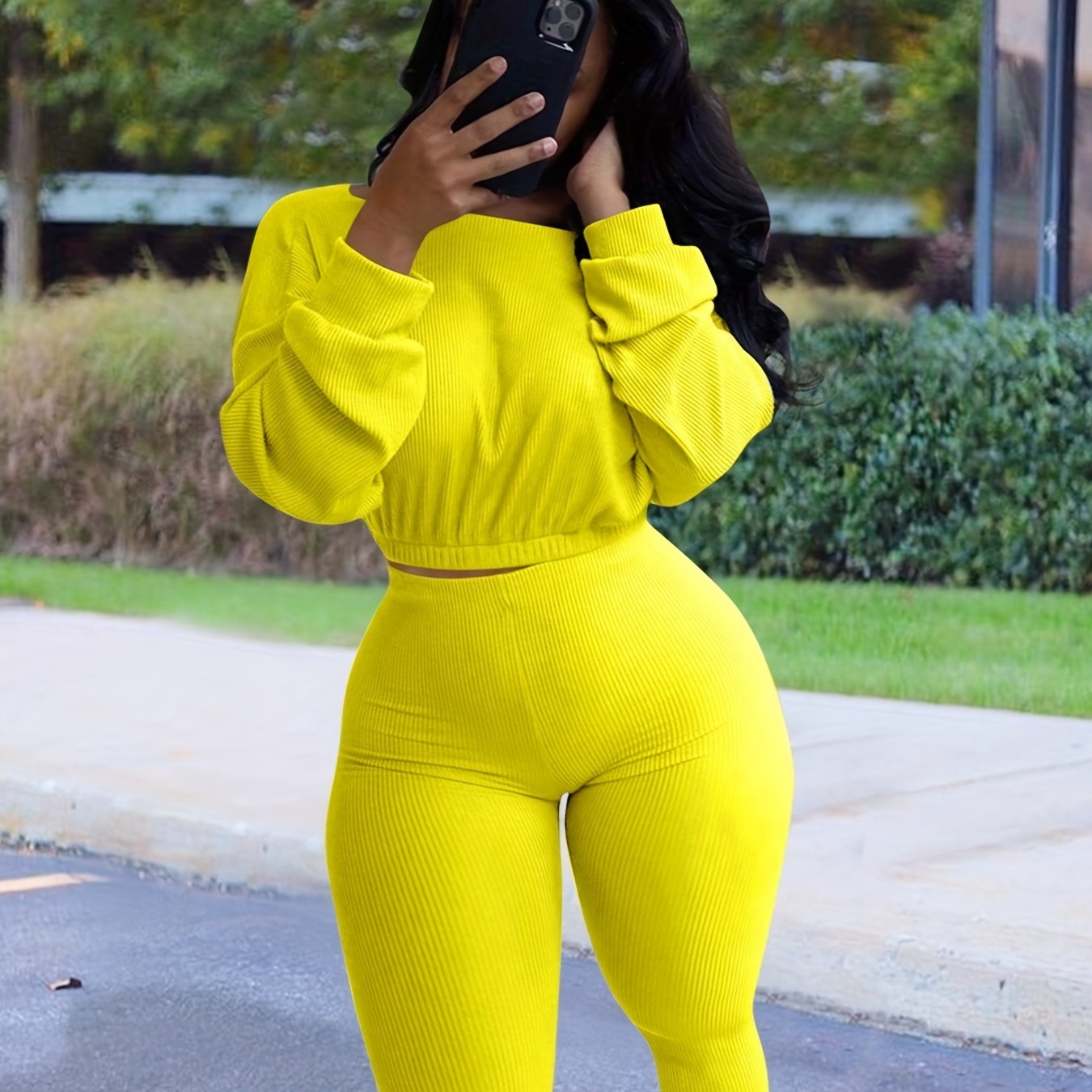 vlovelaw Solid Casual Two-piece Set, Crew Neck Long Sleeve Tops & High Waist Pants Outfits, Women's Clothing