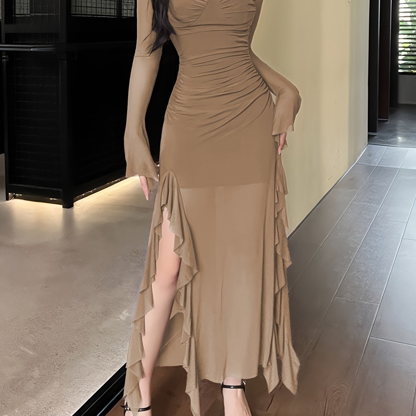 vlovelaw Solid Ruffle Trim Split Asymmetrical Dress, Elegant Flare Sleeve Mesh Ruched Dress, Women's Clothing