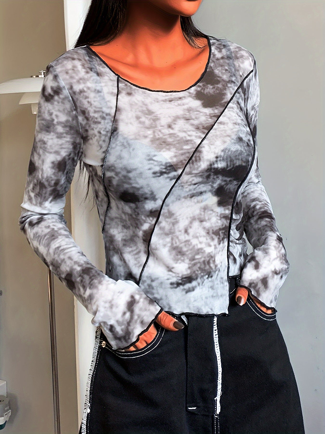 All Over Print Irregular Hem Mesh T-Shirt, Casual Long Sleeve Top For Spring & Summer, Women's Clothing