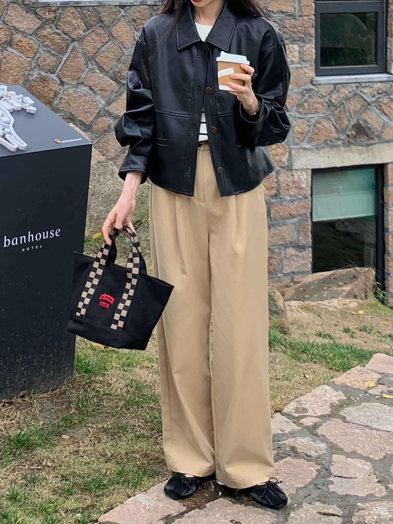 vlovelaw  Solid Cropped PU Jacket, Vintage Button Front Long Sleeve Outerwear, Women's Clothing