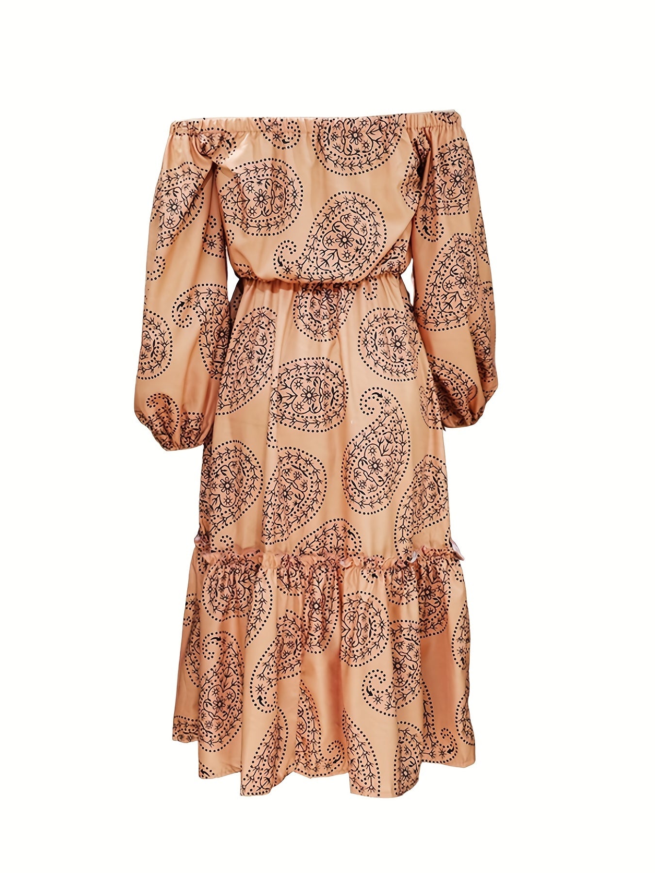 vlovelaw Paisley Print Off Shoulder Dress, Casual Ruffle Hem Long Sleeve Dress, Women's Clothing