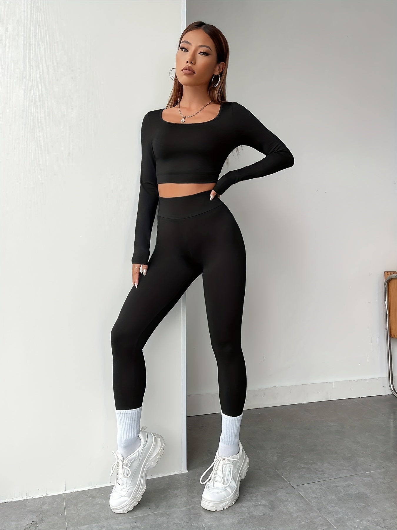 vlovelaw Solid Slim Two-piece Set, Long Sleeve Cropped Tops & High Waist Workout Pants Outfits, Women's Clothing