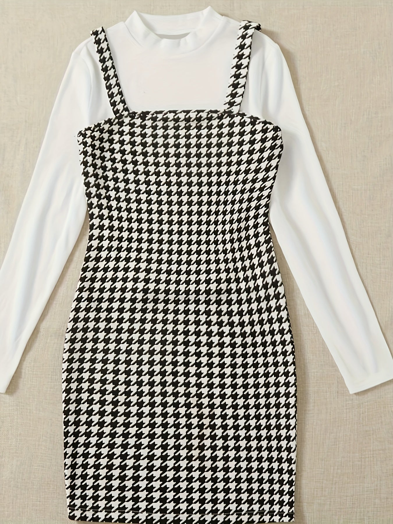 vlovelaw Simple Elegant Two-piece Set, Solid Long Sleeve Tops & Houndstooth Print Overall Dress Outfits, Women's Clothing