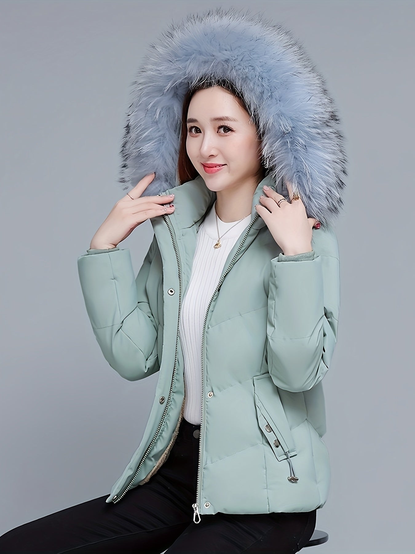 Elegant Women's Winter Coat with Faux Fur Collar - Warm, Thickened Polyester, Zip-Up, Long Sleeve - Chic Solid Color