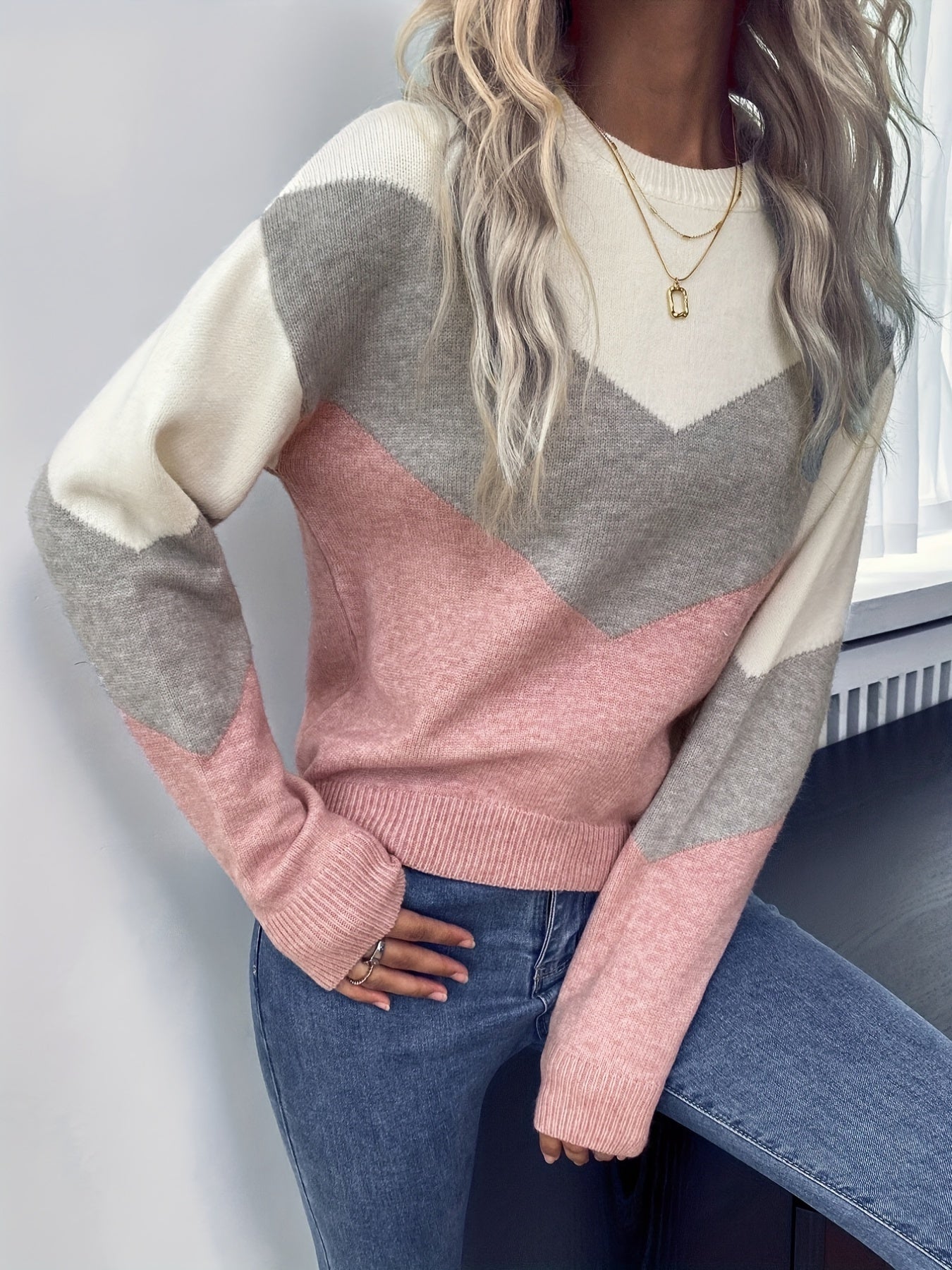 vlovelaw Color Block Crew Neck Sweater, Casual Long Sleeve Sweater For Fall & Winter, Women's Clothing