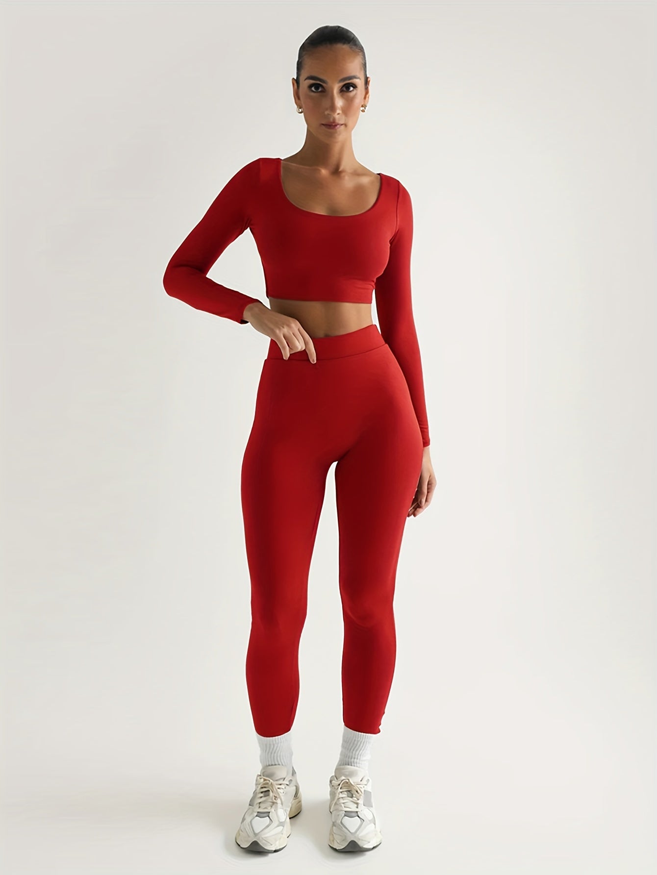 vlovelaw Solid Color Spring Casual Two-piece Set, U Neck Long Sleeve Crop Top & Skinny Pants Outfits, Women's Clothing