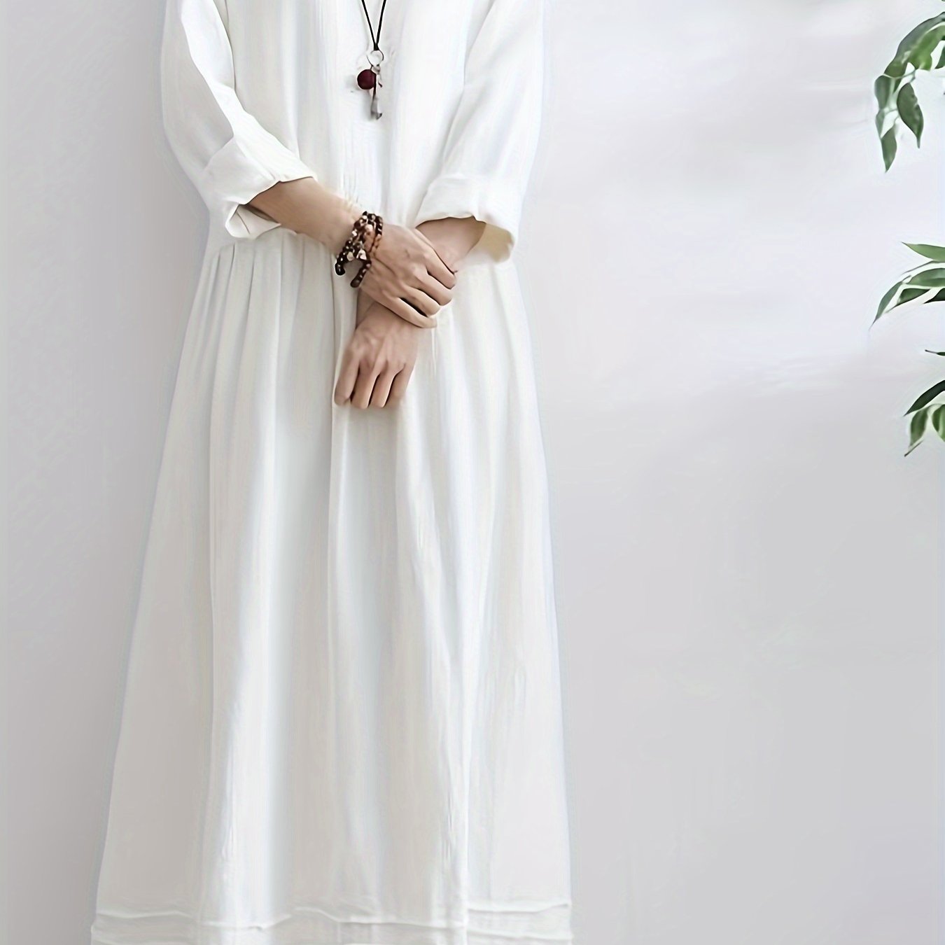 vlovelaw Solid Plicated Detail Oversized Dress, Long Sleeve Crew Neck Casual Dress, Women's Clothing