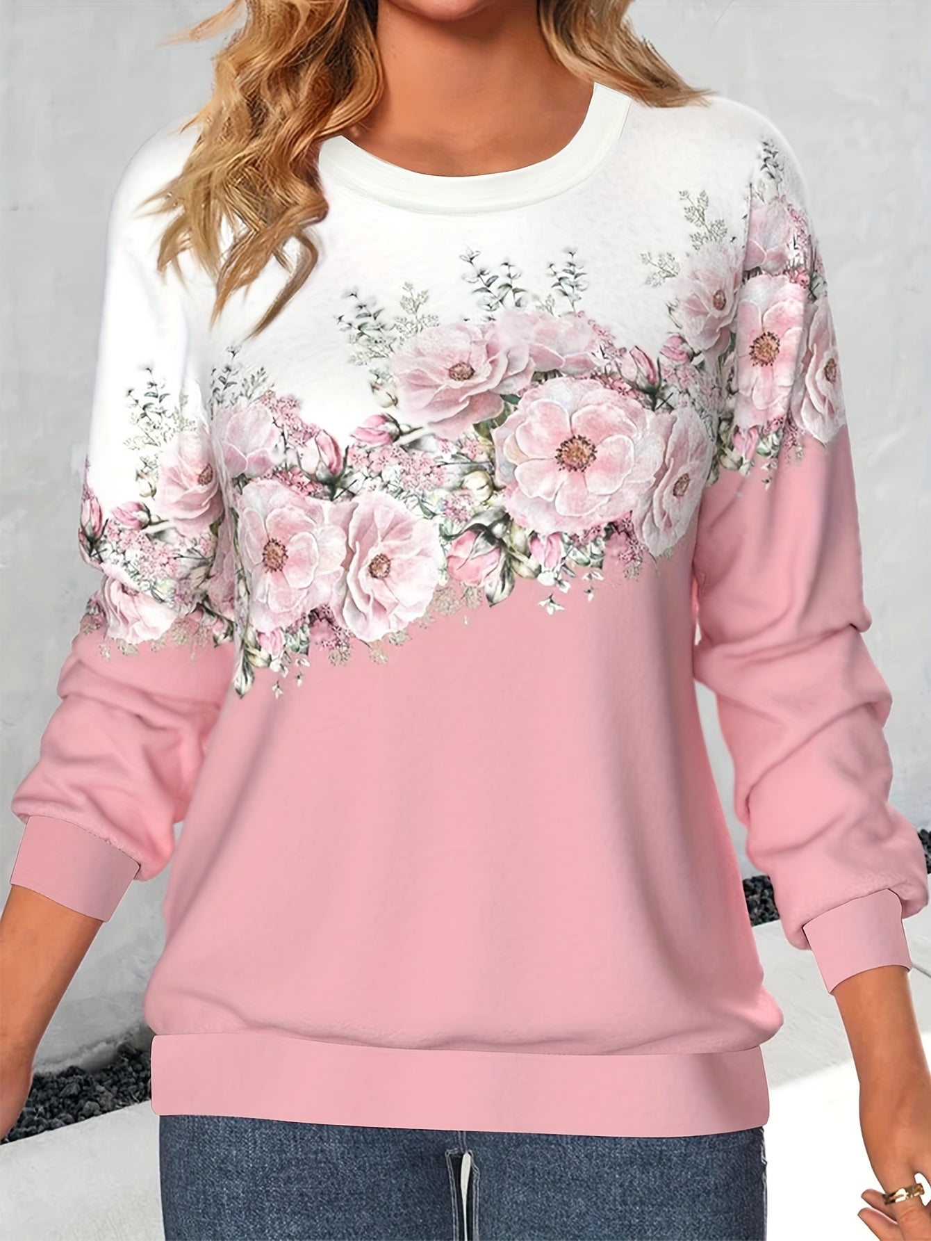 vlovelaw Crew Neck Flowers Print Sweatshirt, Casual Sports Running Long Sleeve Tops, Women's Clothing