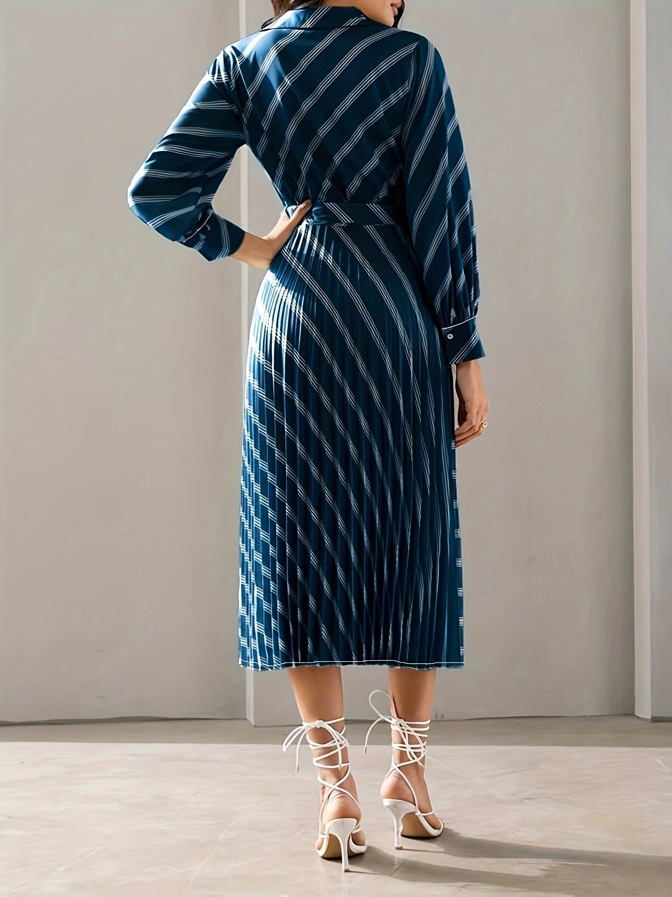 vlovelaw Striped Surplice Neck Dress, Elegant Long Sleeve Belted Dress For Spring & Fall, Women's Clothing