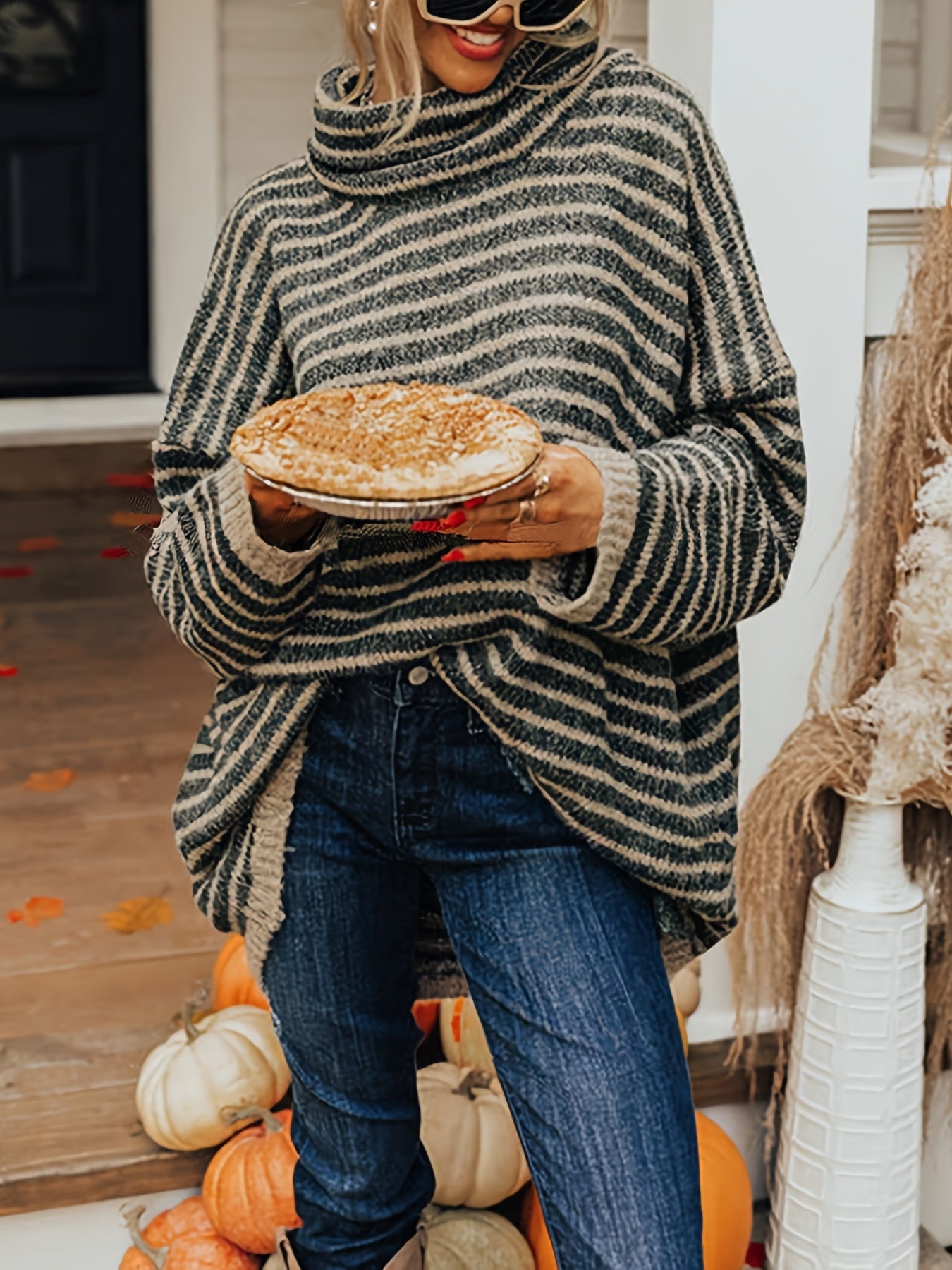 vlovelaw Plus Size Casual Sweater, Women's Plus Stripe Print Chimney Collar Long Sleeve Pullover Sweater