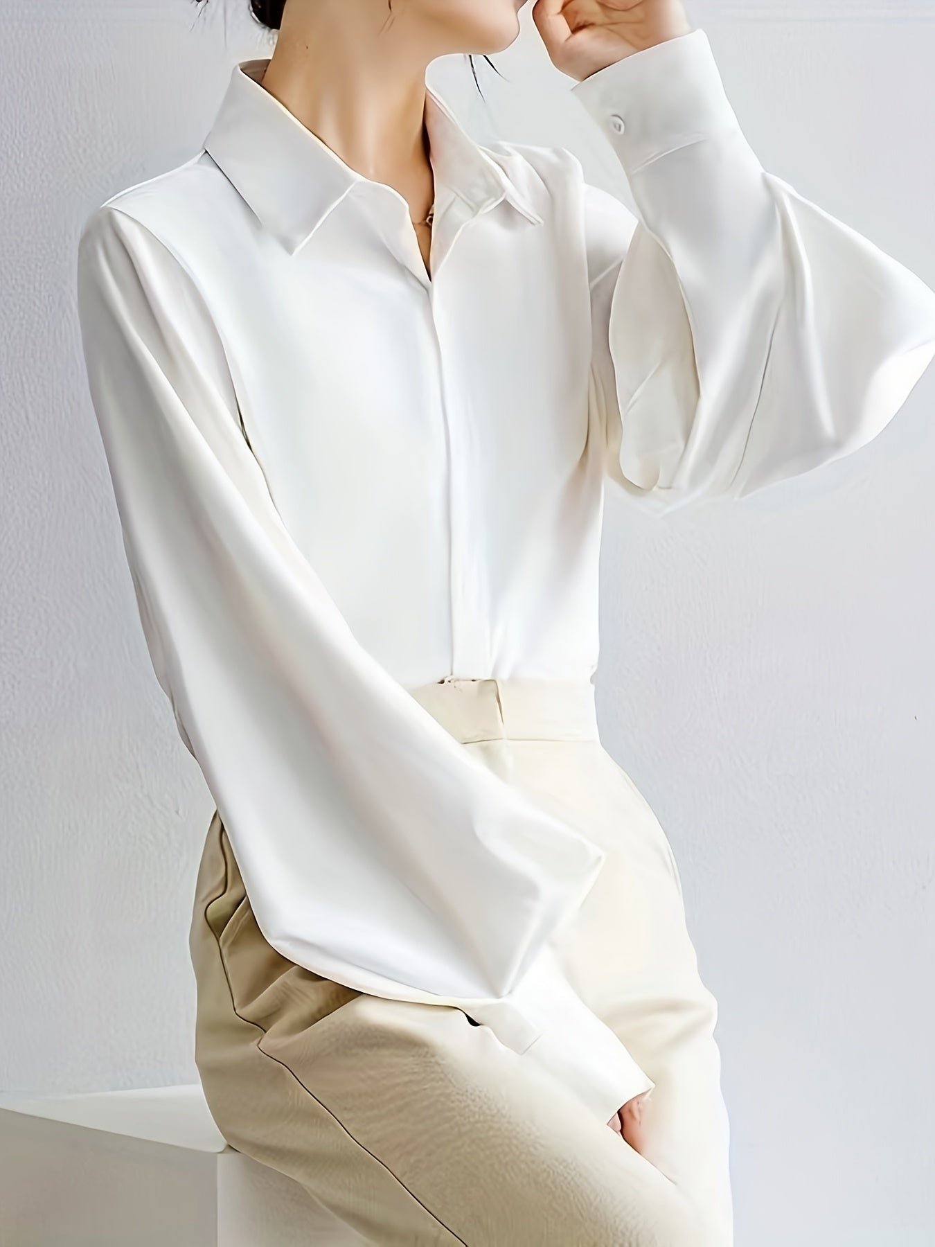 vlovelaw Solid Polo Collar Blouse, Casual Long Lantern Sleeve Blouse For Spring & Fall, Women's Clothing