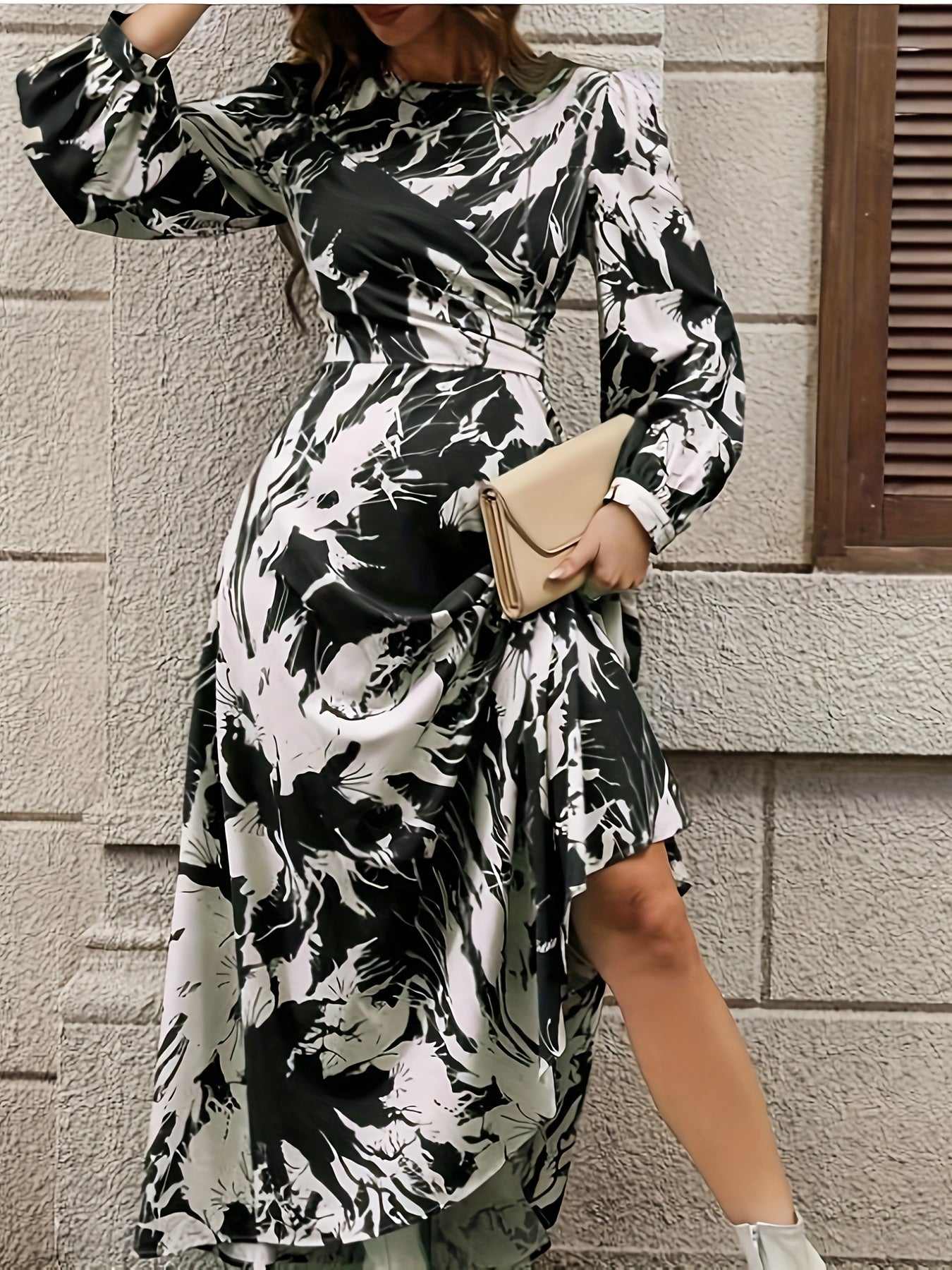 vlovelaw Graphic Print Crew Neck Dress, Elegant Long Sleeve Dress For Spring & Fall, Women's Clothing