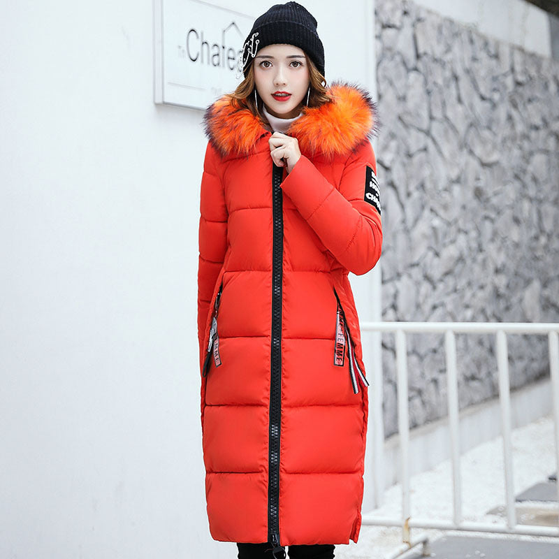 Wholesale winter new European and American hooded slim-fitting large fur collar medium and long women's cotton-padded clothes down cotton-padded jackets