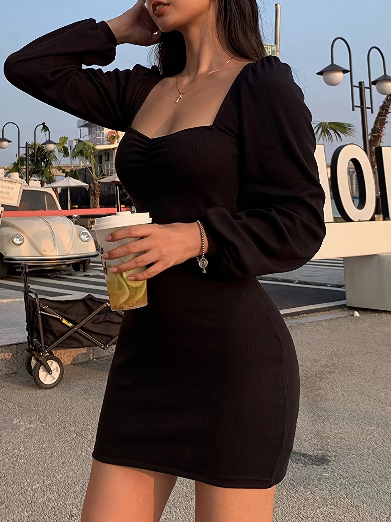 vlovelaw Squared Neck Lantern Sleeve Dress, Casual Solid Bodycon Bag Hip Dress, Women's Clothing