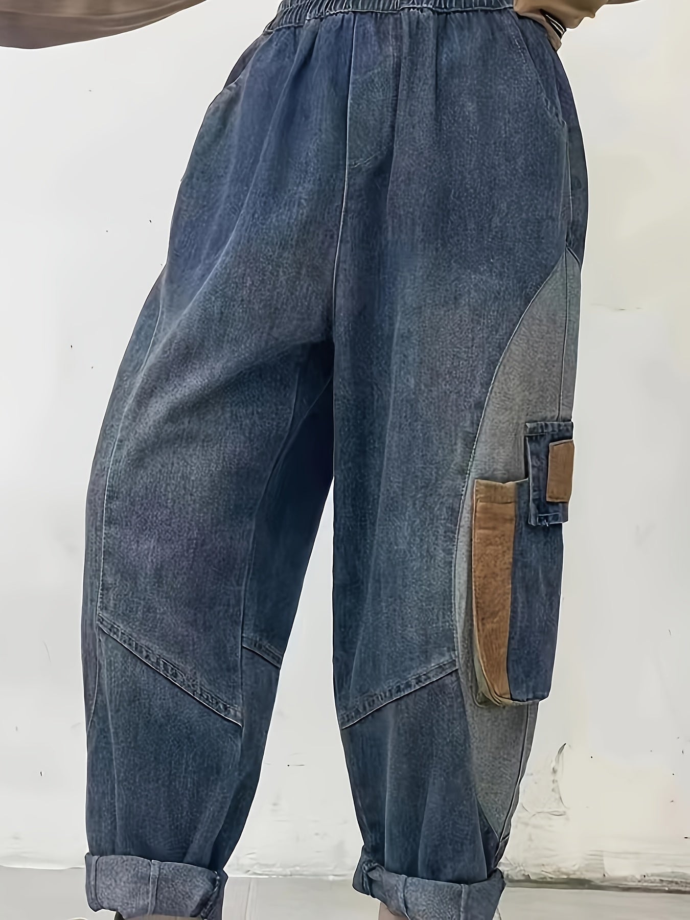 vlovelaw Elastic Waist Versatile Harem Denim Jeans, Loose Fit Slant Pockets Straight Jeans, Women's Denim Jeans & Clothing