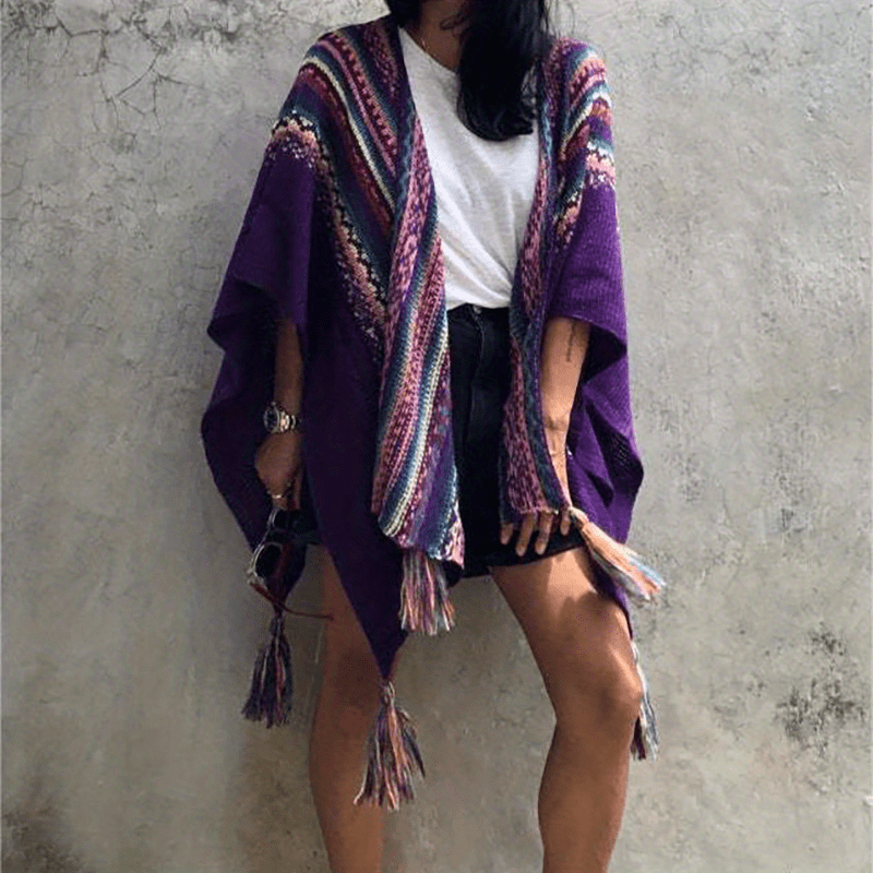 vlovelaw Bohemia Elegant Stretch Shawl Multi-color Striped Knitted Tassel Shawl Casual Warm Travel Outwear Wrap