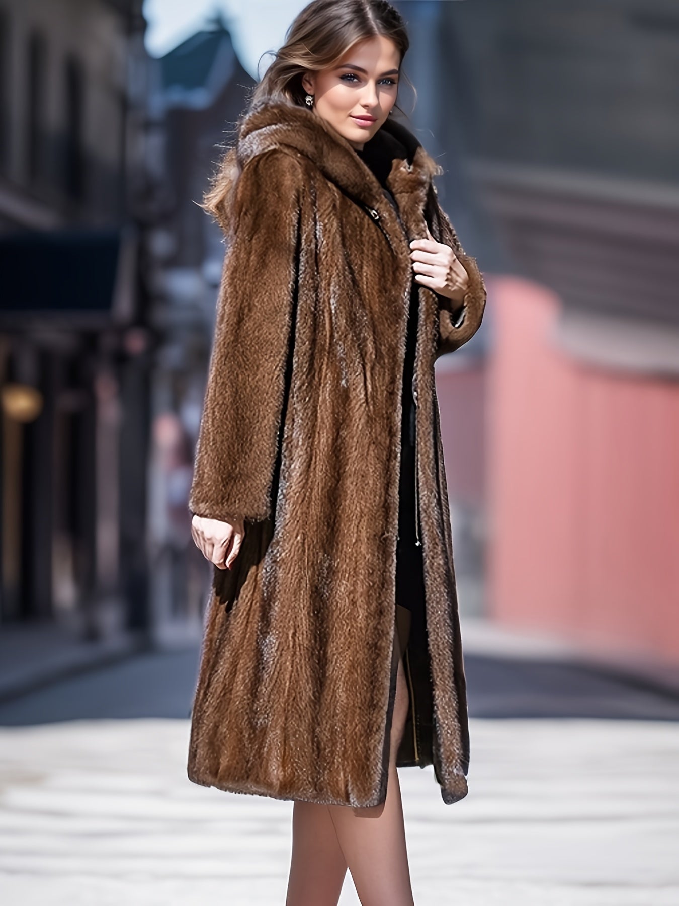 vlovelaw Open Front Faux Fur Hooded Coat, Elegant Thermal Long Sleeve Midi Coat For Winter, Women's Clothing