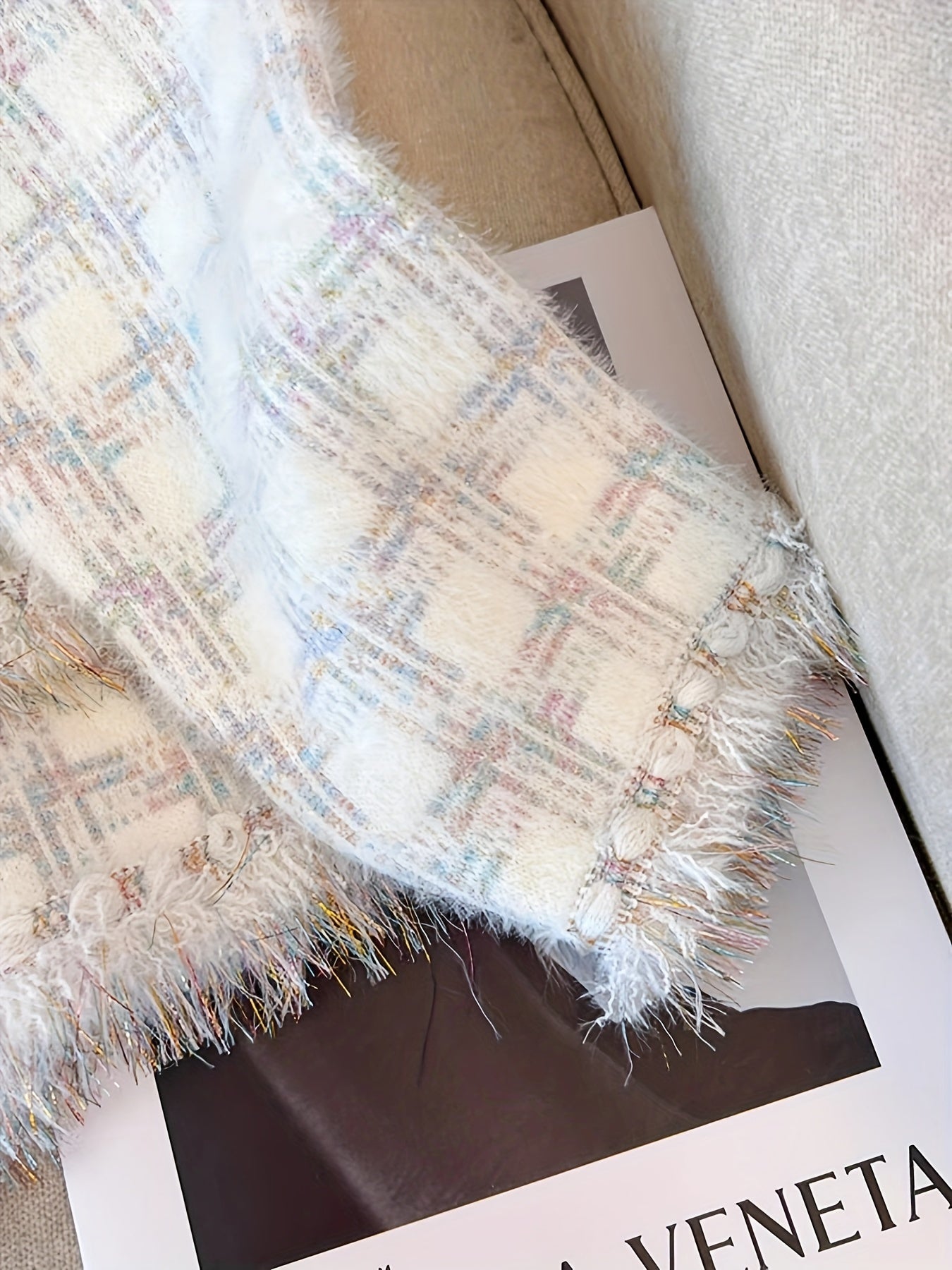 Women's Chic Long Sleeve Knitted Coat - Elegant Plaid Design, Button Front, Raw Trim, Dual Pockets, Fall & Winter Essential