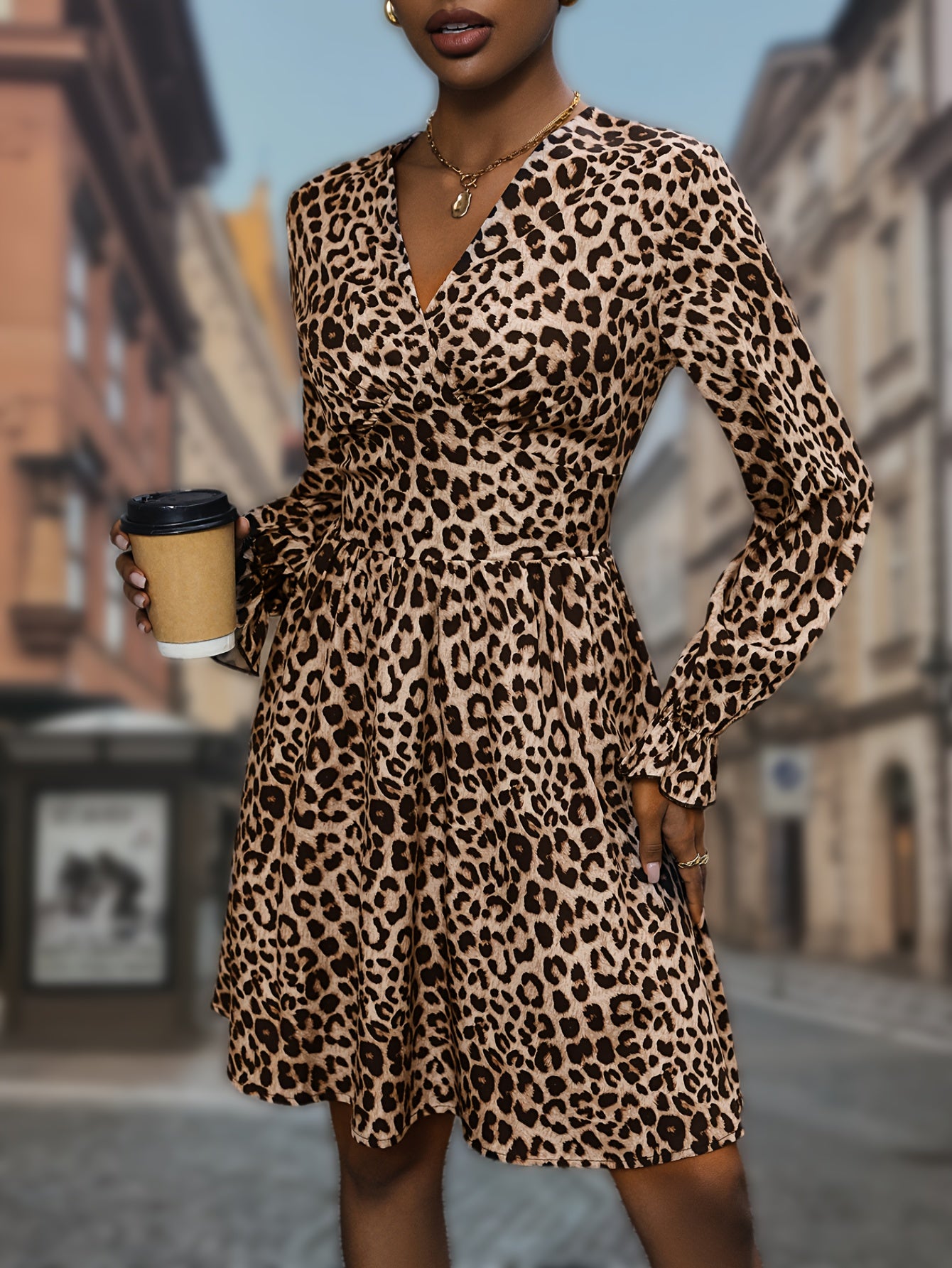 Leopard Print Lantern Sleeve Dress, Casual V Neck Cinched Waist Dress, Women's Clothing