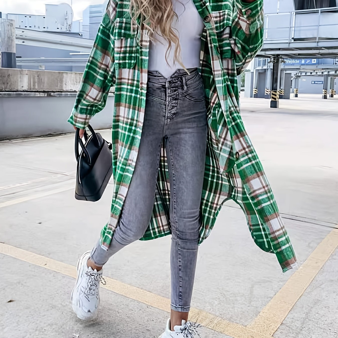 vlovelaw Plaid Print Long Length Jacket, Casual Button Front Flap Pockets Outwear, Women's Clothing