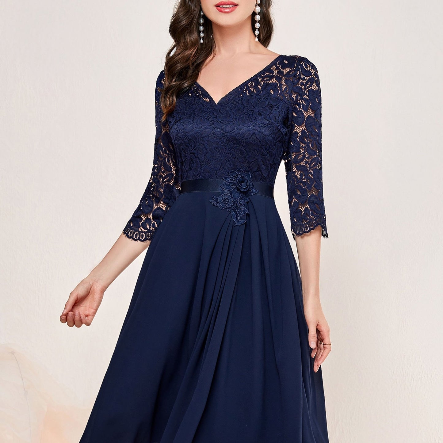 Contrast Lace Half Sleeve Dress, Elegant V Neck Cinched Waist Dress For Party & Banquet, Women's Clothing