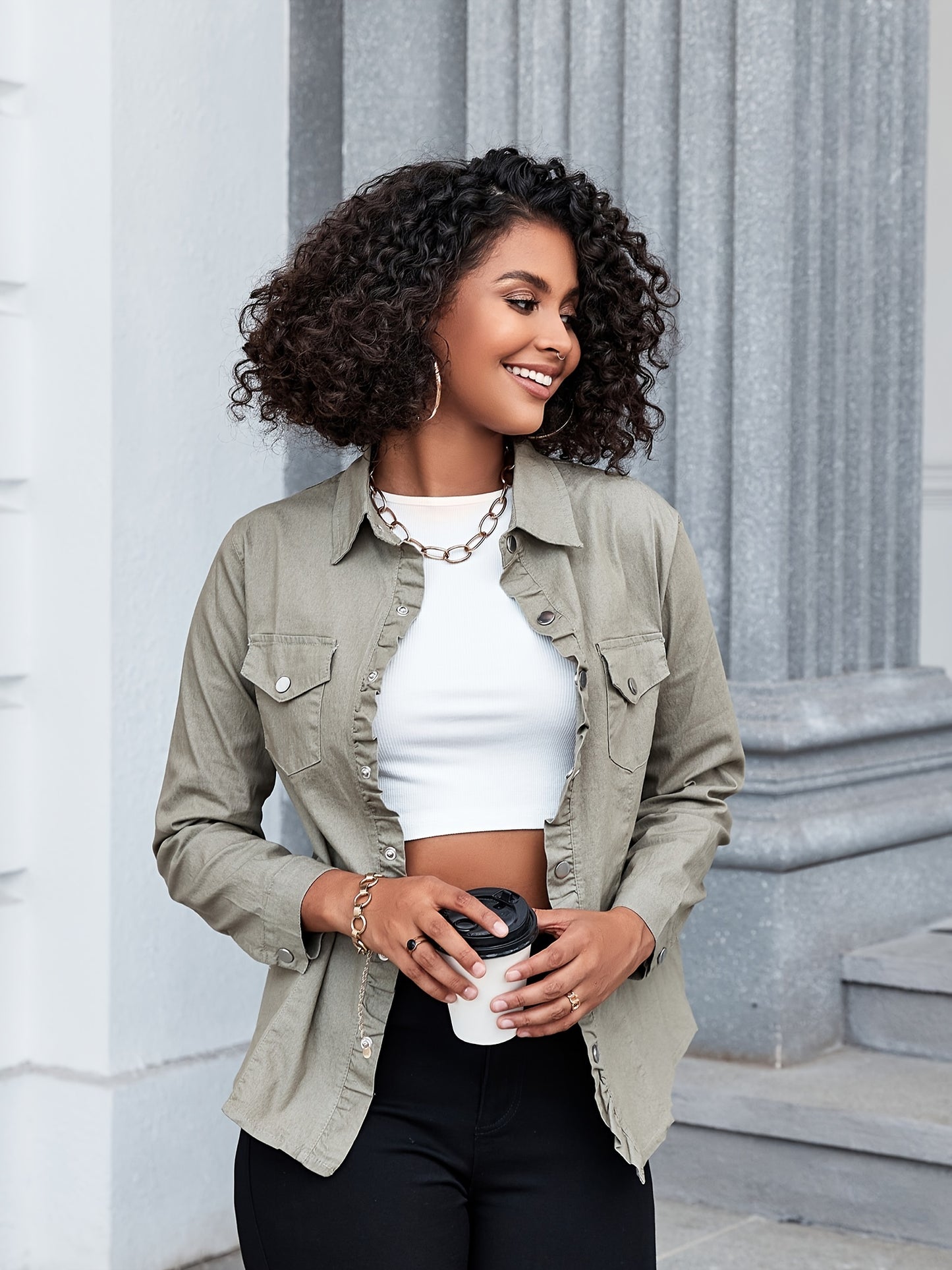 Long Sleeves Lapel Denim Shirts, Flap Pockets Single-Breasted Button Solid Color Denim Jackets, Women's Denim Clothing