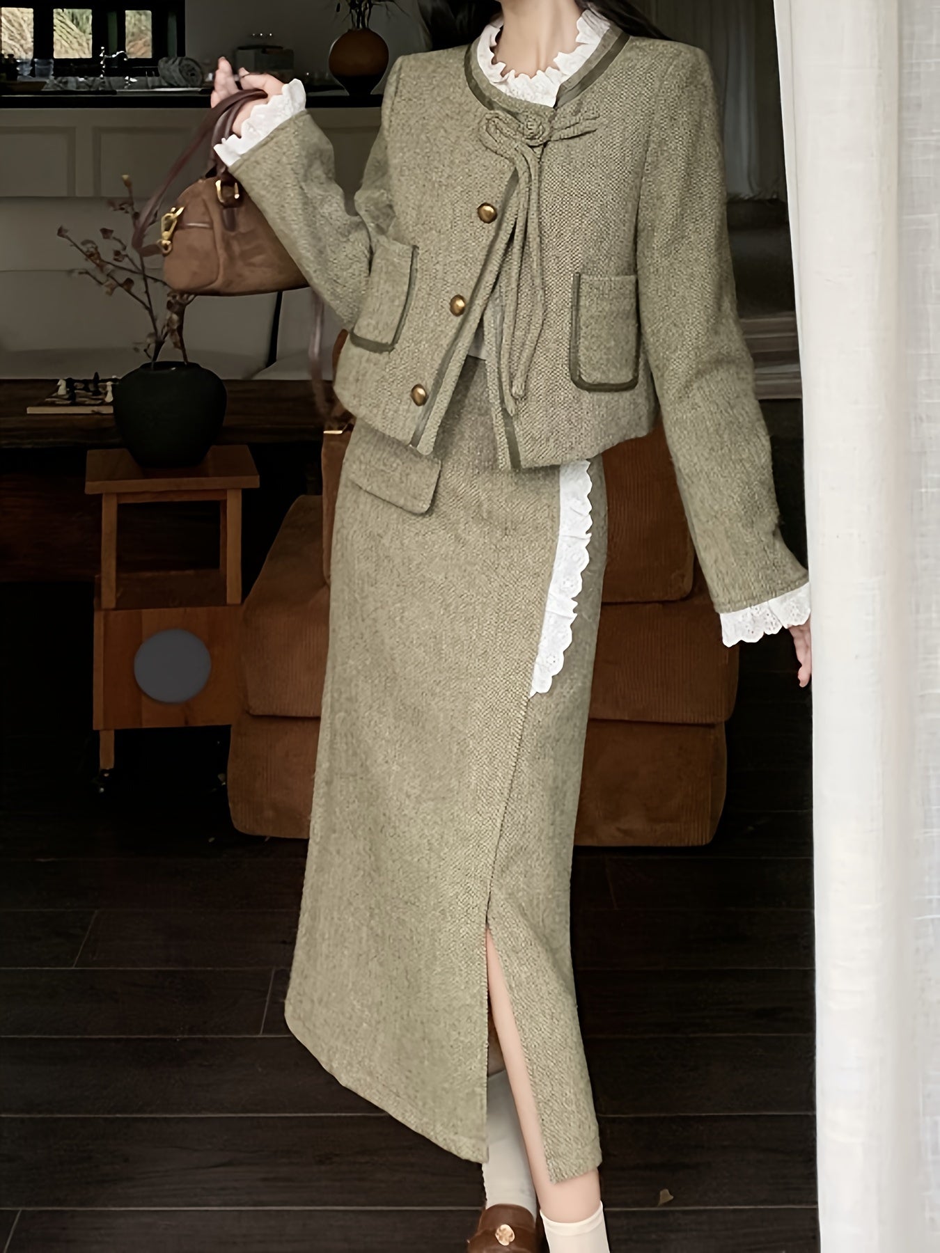 vlovelaw Single Breasted Patched Pockets Jacket, Vintage Long Sleeve Outwear For Fall & Winter, Women's Clothing