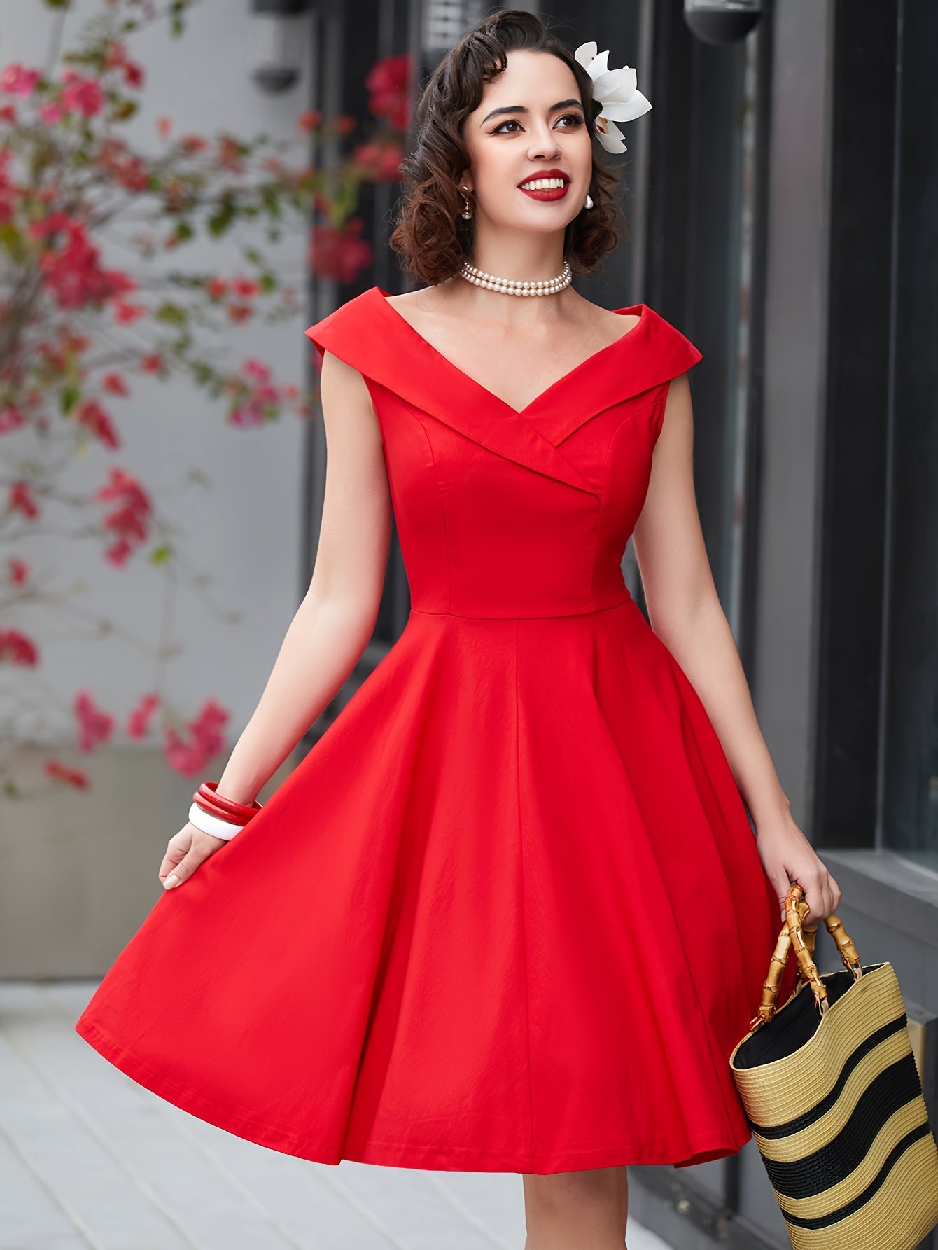 vlovelaw Solid V Neck Dress, Vintage Short Sleeve A-line Dress For Spring & Summer, Women's Clothing