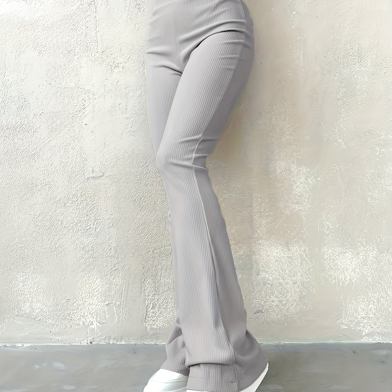 Solid Ribbed Flare Leg Pants, High Waist Slim Elastic Pants, Women's Clothing