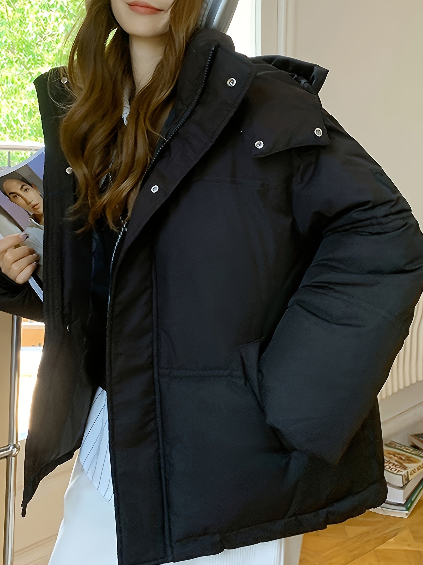 vlovelaw Solid Hooded Fall & Winter Coat, Casual Zip Up Long Sleeve Outerwear, Women's Clothing