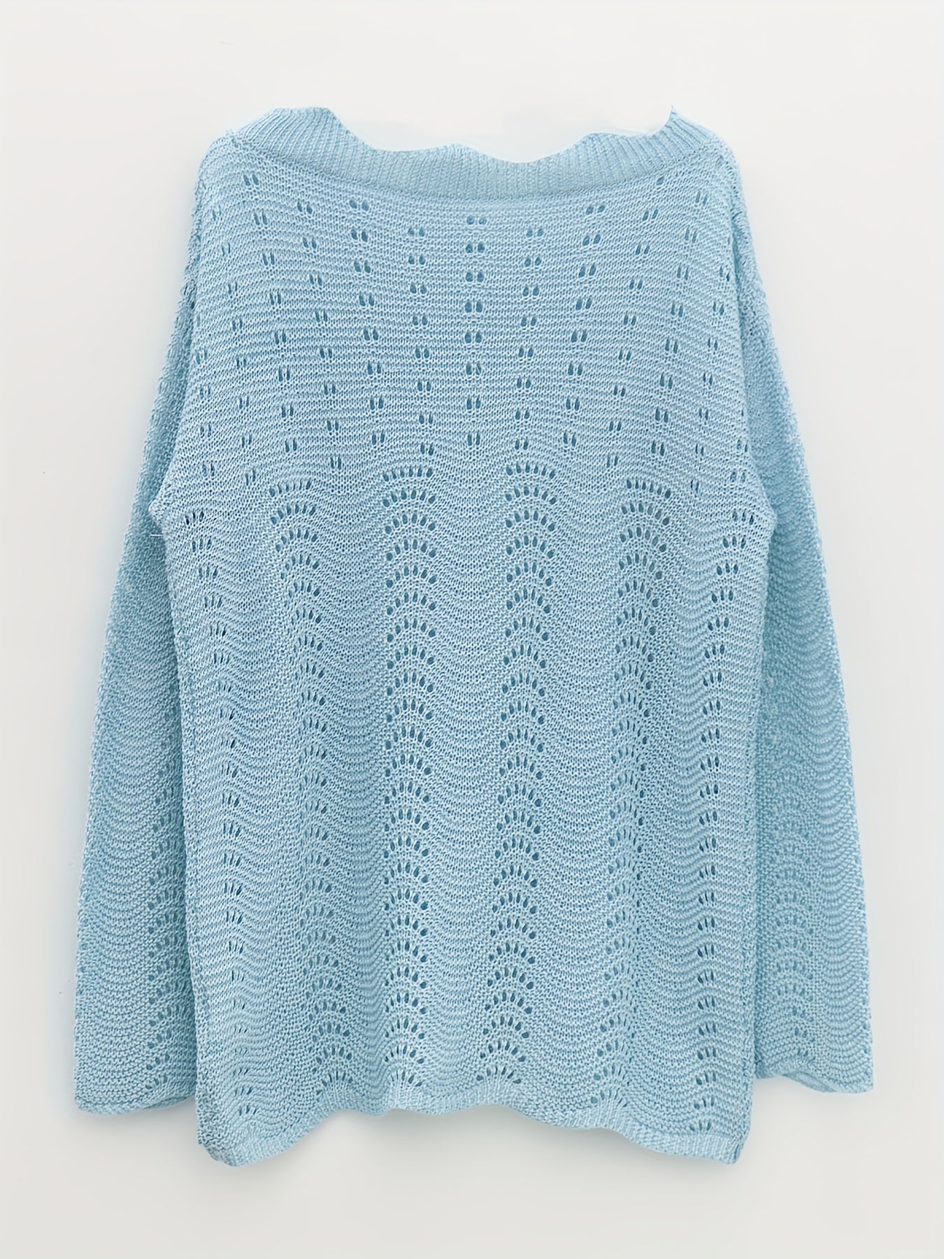 vlovelaw Cutout Wavy Trim Knitted Pullover Top, Casual Crew Neck Long Sleeve Sweater For Fall & Spring, Women's Clothing