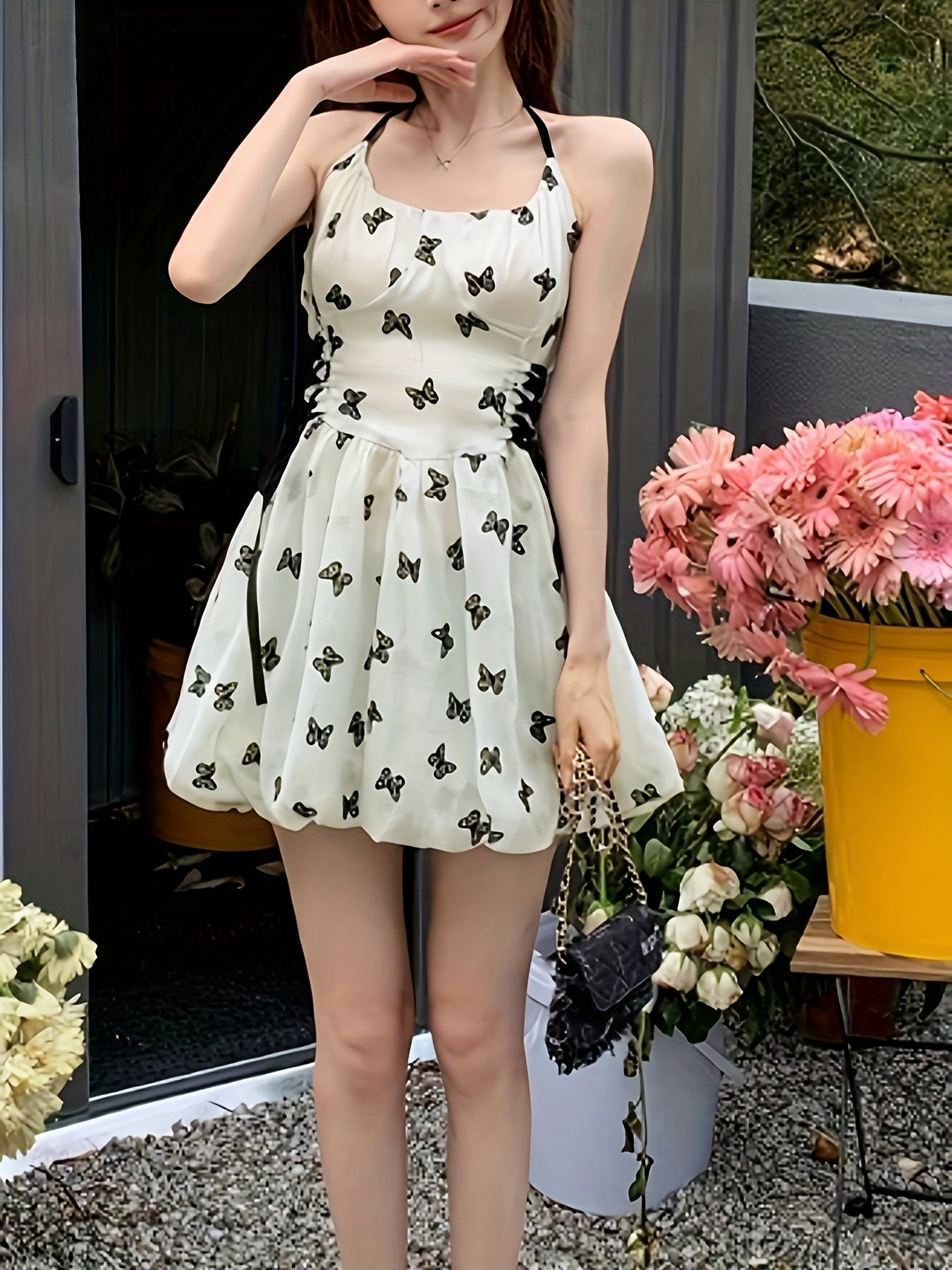 vlovelaw Butterfly Pattern Tie Side Halter Dress, Casual Sleeveless Backless Waist Dress, Women's Clothing