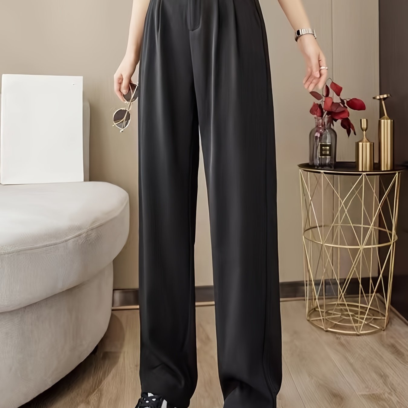 vlovelaw Solid High Waist Draped Long Length Pants, Casual Loose Spring & Autumn Pants, Women's Clothing