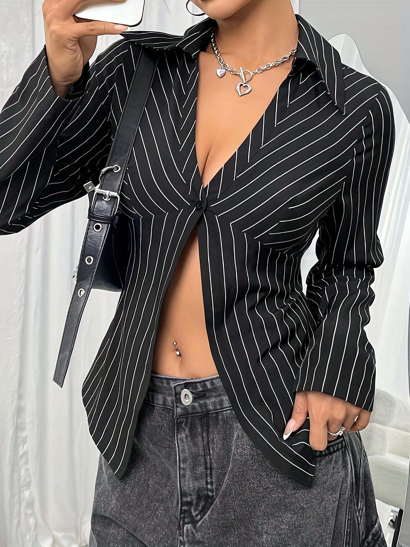 vlovelaw Stripe Print Button Front Blouse, Sexy Long Sleeve Plunge Neck Split Hem Blouse For Spring & Fall, Women's Clothing