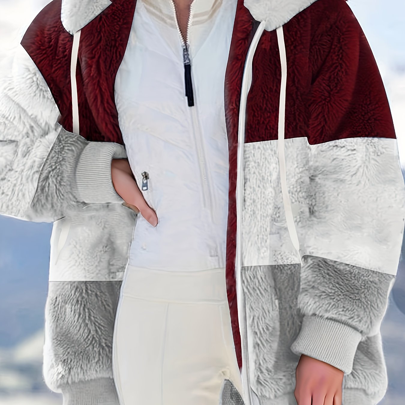vlovelaw Plus Size Colorblock Fuzzy Hoodie Drawstring Zip Up Coat, Women's Plus Pocket Casual Overcoat