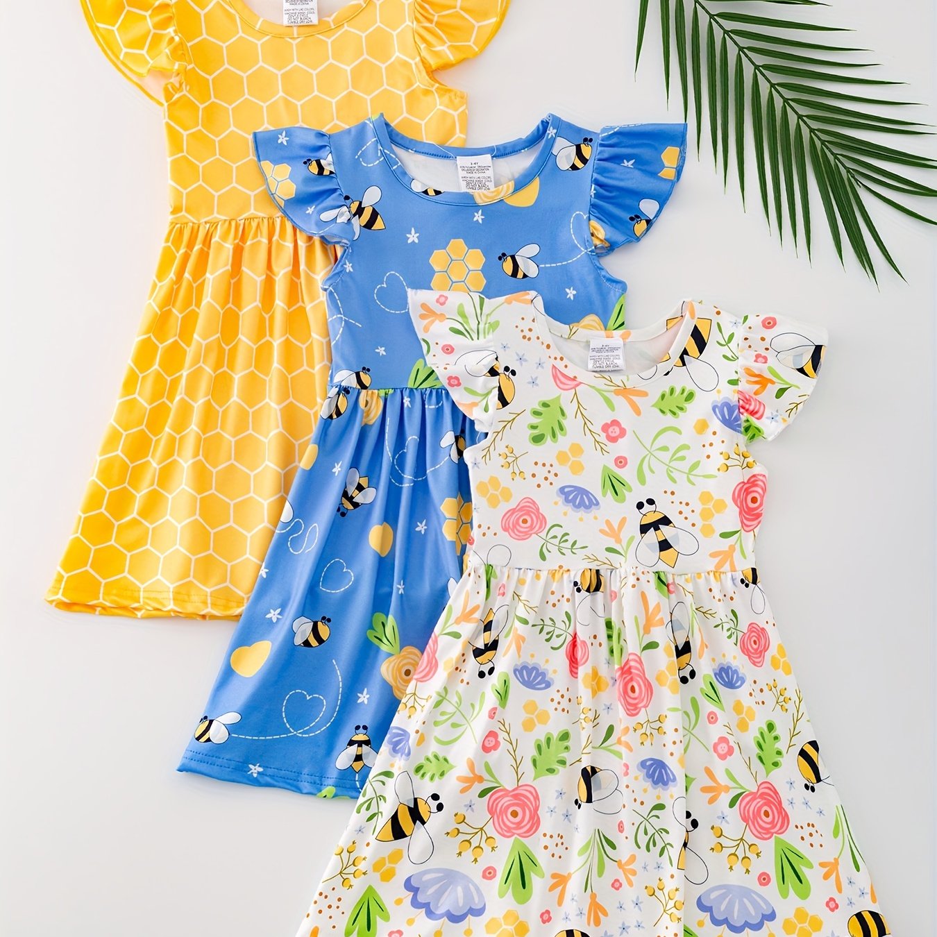 3pcs Sweet Girls Flora Print Flutter Trim Sleeveless Dress Summer Clothes Baby/toddler Girls