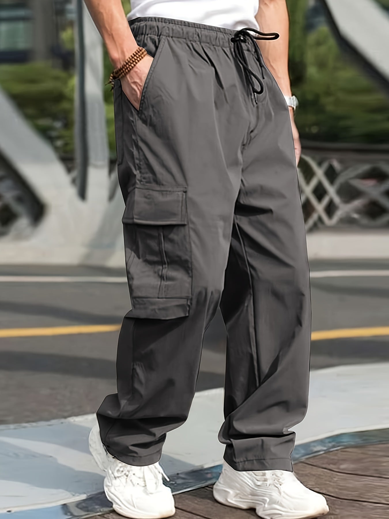 vlovelaw Trendy Solid Cargo Pants, Men's Multi Flap Pocket Trousers, Loose Casual Outdoor Pants, Men's Work Pants Outdoors Streetwear Hip Hop Style
