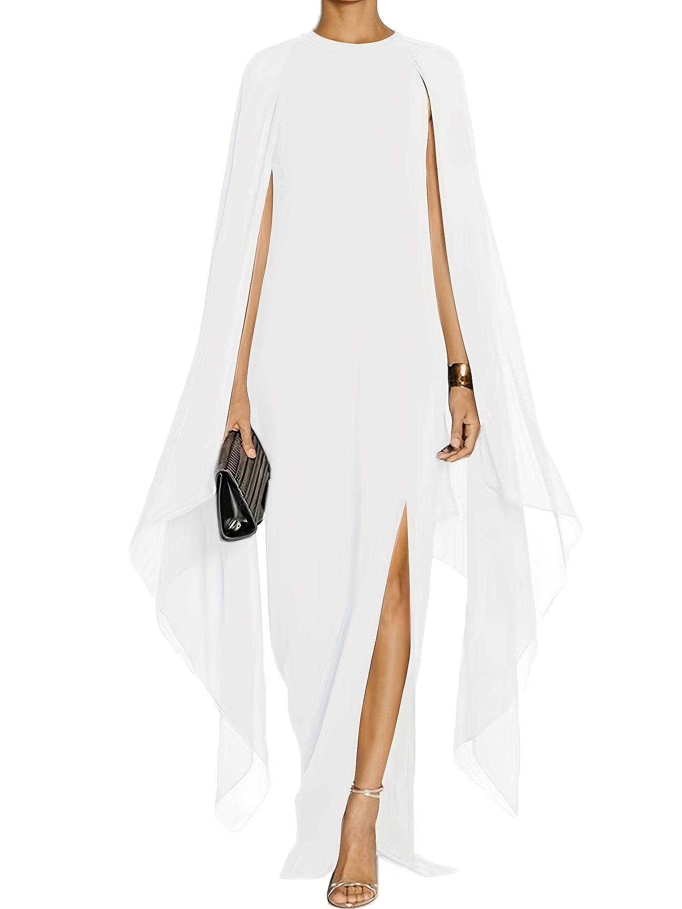 vlovelaw Solid Split Chiffon Sleeveless Evening Dress, Elegant Shawl Spring & Summer Maxi Dress, Women's Clothing