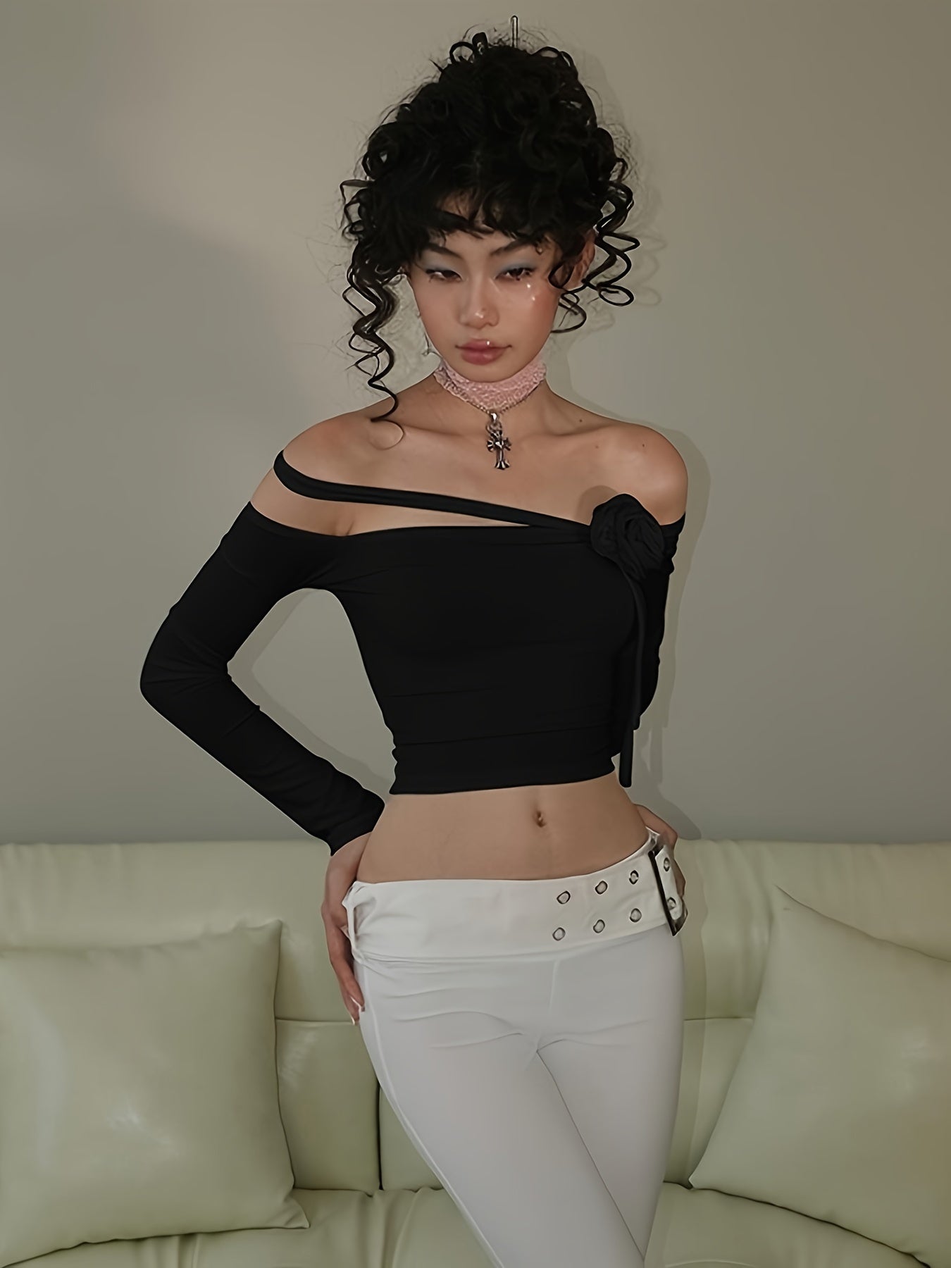 vlovelaw Solid Off Shoulder Stereo Flower T-shirt, Y2K Long Sleeve Asymmetric Sexy Top, Women's Clothing