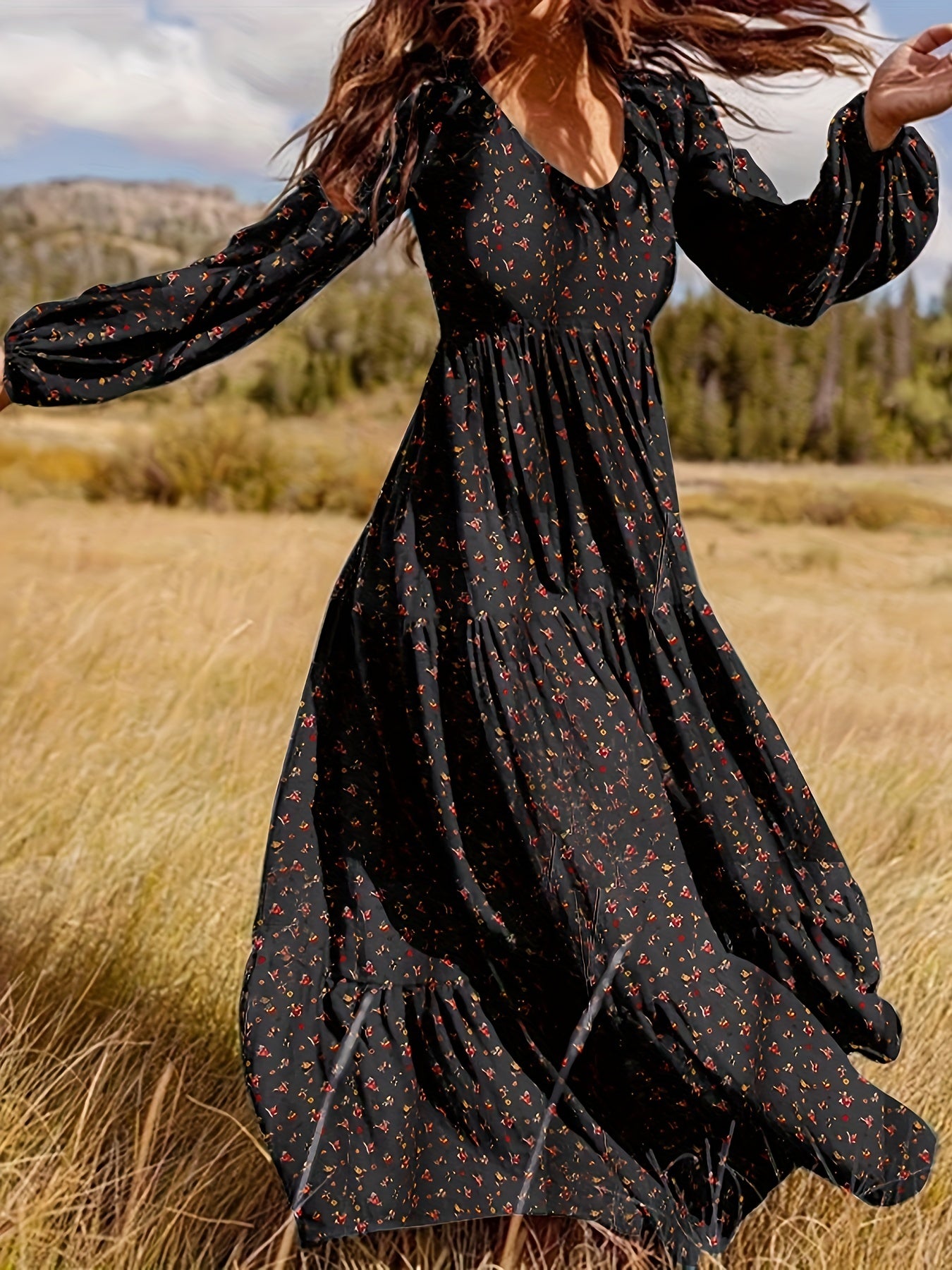 vlovelaw Tiered Floral Print Dress, Boho Lantern Sleeve V Neck Maxi Dress, Women's Clothing