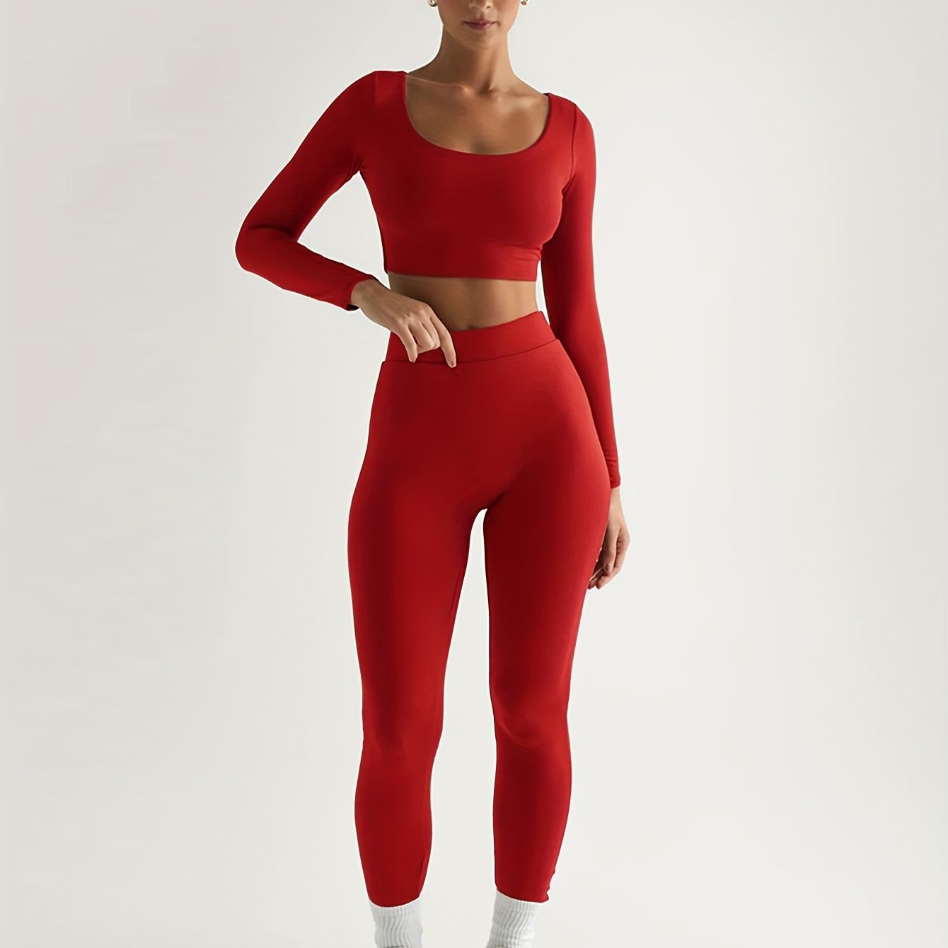 vlovelaw Solid Color Spring Casual Two-piece Set, U Neck Long Sleeve Crop Top & Skinny Pants Outfits, Women's Clothing
