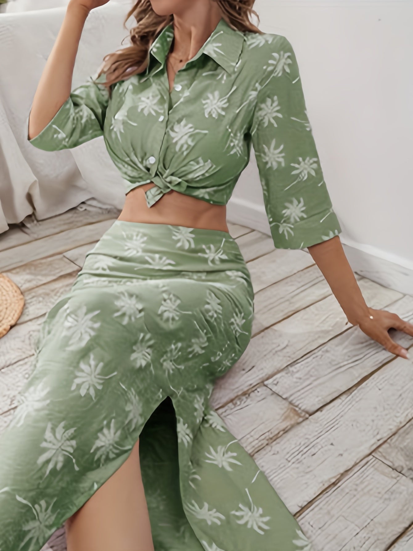 vlovelaw Coconut Tree Print Two-piece Set, Button Front Cropped Shirt & High Waist Split Skirts Outfits, Women's Clothing
