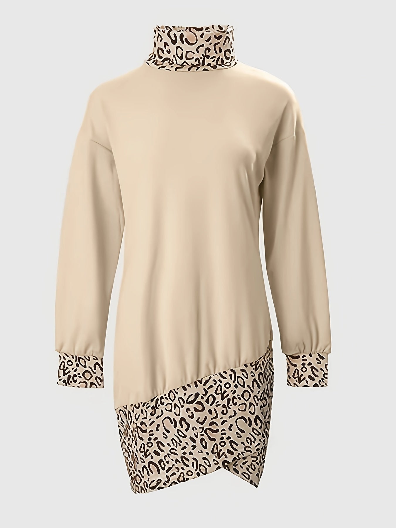 vlovelaw Leopard Print Contrast Trim Dress, Casual High Neck Long Sleeve Dress, Women's Clothing
