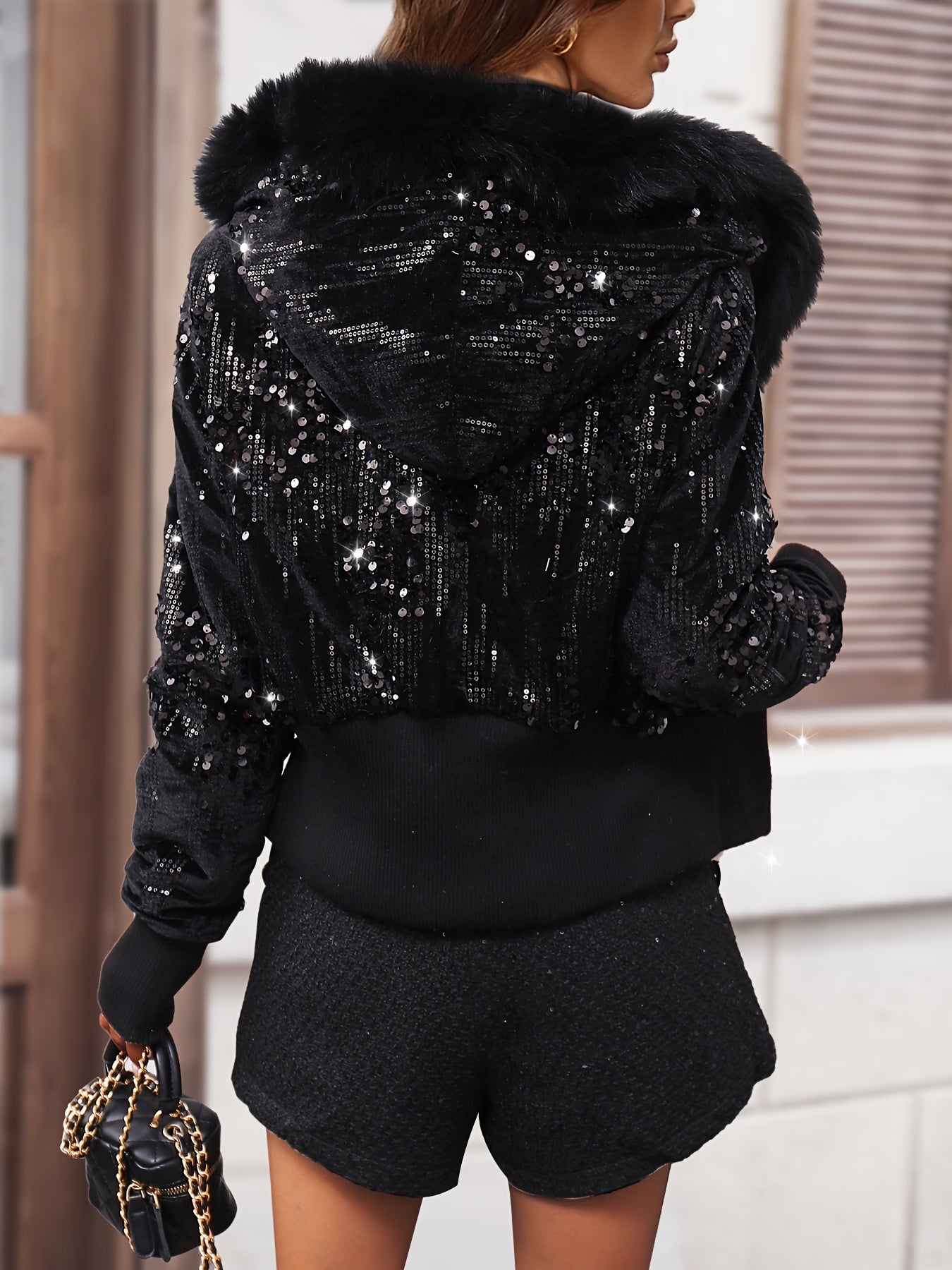 vlovelaw Faux Fur Trim Hooded Zip-up Jacket, Elegant Long Sleeve Sequin Decor Jacket For Fall & Winter, Women's Clothing